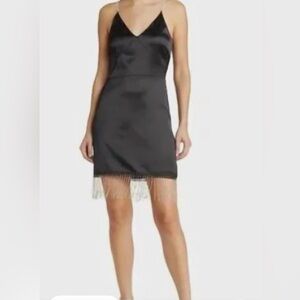 Chelsea28 Black Satin Mini Dress with Fringe Hem